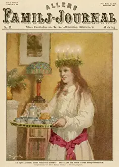 Drucke von HeiligerLucias Tag (15 Dezember). Die Mädchen, die zum Heiligen Lucas gewählt werden, tragen Kaffee und Gebäck zu denjenigen, die Weihnachtsgeschenke und Dekorationen vorbereiten Weihnachten Drucke: Allerheiligen