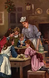 Old Fashioned Christmas Scene Drucke: Stirring the Xmas pudding