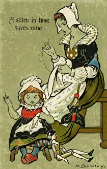 Antique Postcard Collection Drucke: A Stitch in Time Saves Nine