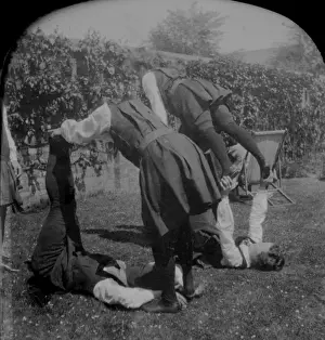 Physical Education History Drucke: Students exercising in garden