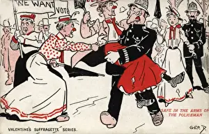 Suffragettes In Action Drucke: Suffragette, Safe in the Arms of a Policeman