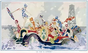 Drucke von Eine Illustration von Charles Robinson (Bruder von William Heath Robinson), einer Gruppe von Damen, die auf einem Boot in Stil eines Autos frohlocken Karl Robinson Drucke: 'So ist das Sommer!' von Charles Robinson