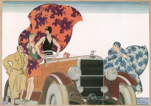 Drucke von Eine Art-deco-Illustration, die Schwimmer mit wehenden Handtüchern und Umhängen umgeben zeigt eine Karre am Strand Rene Vincent Drucke: Badegang Zeit von René Vincent