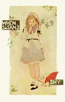 Drucke von Pub: Humphrey Milford, Postkarten für die Kleinen. Susan-Reihe. Darstellend ein junges Mädchen in verschiedenen Stimmungen. Erstveröffentlichung durch Liberty and Co c.1912 Arthur Hacker Drucke: Wenn Susans schüchtern ist.