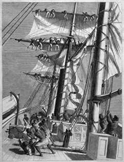 19th Century Sailing Ship Drucke: Taking in Sail 1880