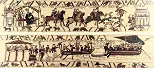 Drucke von Die Tapisserie von Bayeux: Die komplette Tapisserie zeigt die normannische Eroberung Englands, mit den Rittern des Königs Eduard III (oben) und Nischen der Harold II (unten). Detail. Fresko Verwandte Bilder Drucke: Die Tapisserie von Bayeux, die komplette Tapisserie zeigt
