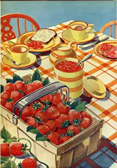 Vintage Tea Time Scene Drucke: Tea table with strawberries and jam