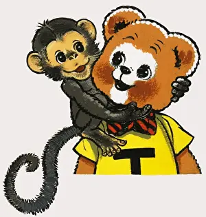 Teddy Bear Illustration Drucke: Teddy Bear with Monkey