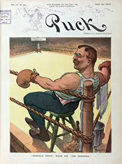 Theodore Roosevelt Cartoon Drucke: Terrible Teddy waits for the unknown