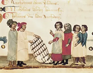 Illuminated Manuscript Miniatures Drucke: Textile Merchants. Illustration from the book of