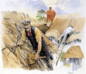 Malcolm Greensmith Painting Drucke: Two thatchers at work