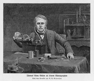 Drucke von Thomas Alva Edison Amerikaner Erfinder mit seinem Phonographen Thomas Edison Drucke: Thomas Edison und Anderson