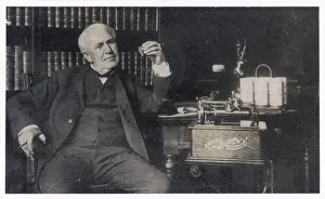 Drucke von Thomas Alva Edison Amerikaner Erfinder mit dem Edison-Business-Phonographen Thomas Edison Drucke: Thomas Edison, Phönograph