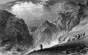 Drucke von Ritterturm Tintagal, Kornwall, an einem stürmischen Tag mit grober See und einer Schiffe, die sich gefährlich nah am Felsen heranschob Tintagel Drucke: Kastell Tintagel, Cornwall