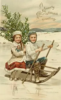 Winter Outdoor Activities Drucke: Tobogganing with Tree