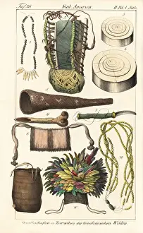 Drucke von Werkzeuge und Zubehör der Brasilienbevölkerung. Farbholzstich aus dem 'Friedrich Wilhelm Goedsche's Complette Galerie des Volks auf true Bildern', Meissen um 1835 bis 1840 Kulturelle Feste Und Traditionen Drucke: Werkzeuge und Zubehör der Einheimischen Brasiliens