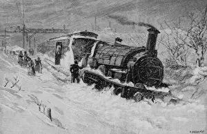 Drucke von Der Große Westliche Eisenbahnfahrdampfer Flying Dutchman verlässt die Schiene bei schwerem Schnee in Camborne, Kornwall. Datum: 1891 Camborne Drucke: Zug ist im Schnee abgekullt