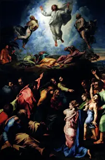 Drucke von Raphael (Raffaello Sanzio von Urbino) (* 1483 - * 1520 ). Italienischer Maler . Die Verklärung Christi , 1516 - 1520 . Pinakothek des Vatikanischen Museums. Vatikanstadt Raphael Drucke: Die Verklärung Christi, 1516-1520 von Raffael (1483–)