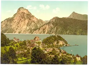 Coloured Photochrom Images Drucke: Traunkirchen, towards the Traunstein, Upper Austria, Austro-
