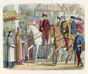 Drucke von Henri V von England und Karl VI von Frankreich betreten nach dem Frieden von Trois-Fontaines Paris Schlacht Von Agincourt Drucke: Vertrag von Trois-Fontaines / 1420
