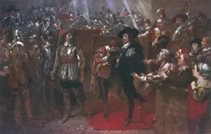 Drucke von Karl I verlässt das Westminster-Hall nach seinem Prozess König Karl Drucke: Prozess gegen Karl I