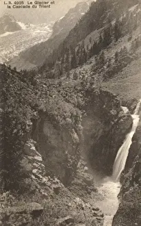 Swiss Alps Mountain Scenery Drucke: Trient Glacier and a waterfall