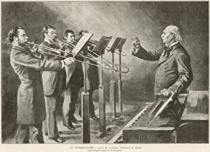 Drucke von Der Professor M.Delisse unterrichtet eine Vierergruppe von Trompeterinnen und -tern Musik-Plakate: Eine Trompetenunterrichtsstunde am Konservatorium