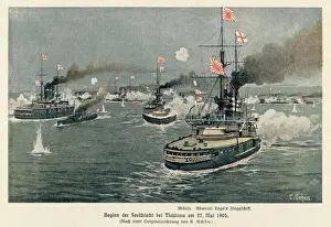 Drucke von Schlacht im Tsushima-Straßengebiet Der japanische Admiral Togo setzt sich mit seinem Flagenschiff Mikasa in Aktion und besiegt die russische Flotte überwältigend Togo Drucke: Tsushima (Schnellzug 2)