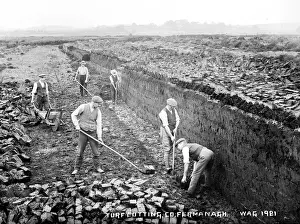 Drucke von Getreide Schneiden GmbH, Fermanagh - ein Blick auf sechs Männer am Turfgesicht im Moor, einer benutzt einen Turfbauernwagen. (Standort: Nordirland; Grafschaft Fermanagh). Datum: um 1900er Beginn Fermanagh Drucke: Gras Schneiden GmbH Fermanagh