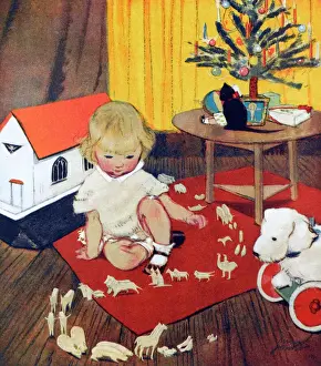 Drucke von Zwei zu zwei von Muriel Dawson - ein kleines Kind spielt mit einer Arke Noah. Datum: 1930 Muriel Dawson Drucke: Zwei zu zwei von Muriel Dawson