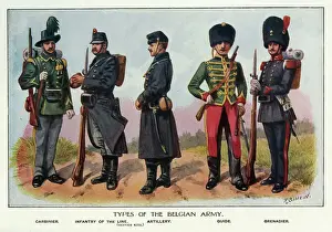 Drucke von Arten der belgischen Armee: Carabiner, Infanterie der Linie, Artillerie und Grenadieren Datum Weltkrieg Erster Waffen Und Artillerie Drucke: Typen aus der belgischen Armee