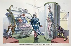 American Politics Cartoon Drucke: Uncle Sam gets a reassuring view of what the new tariff will