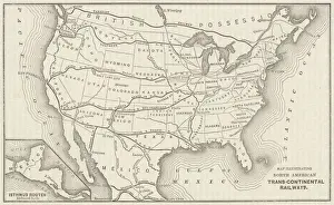 Drucke von Bahnkarte über den transkontinentalen Eisenbahnverkehr der Vereinigten Staaten von Amerika und angrenzenden britischen Besitzungen, Datum: 1883 Karte Drucke: Bahnkarte der USA
