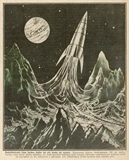 Space Travel History Drucke: Valier rocket taking off from the moon