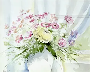 Window Flower Arrangement Drucke: Vase of flowers on window ledge