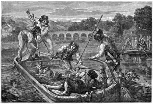 Drucke von Der Befehlshaber ist der härtesten von den revolutionären Kommandeuren: in Nantes befiehlt er, konservative Gefangene ins Wasser zu werfen – die Nojaden an der Loire Vendee Drucke: Venedig Noiaden