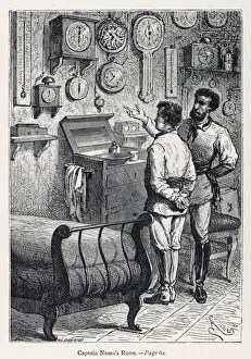 Drucke von Zwanzigtausend Leuges unter dem Meer. Der Kapitän Nemo erklärt die Instrumente im Salon Jules Verne Drucke: Unter dem Meer (in Verne)