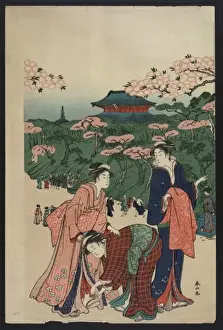 Antique Japanese Prints Online Drucke: Viewing cherry blossoms at Ueno
