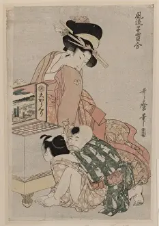 Antique Japanese Woodcuts Drucke: Viewing a peep box show