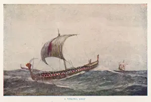 Drucke von Drei Schiffe eines Wikingerflottes auf dem Meer waren Schiffe Und Waffen Der Wikinger Drucke: Vikingschiffe