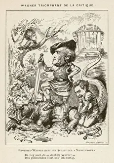 Drucke von Richard Wagner deutscher Komponist und sein Sohn Siegfried töten den Kritiker-Dragon und gewinnen das Schatz, der er bewacht hat, im Parodie desNibelungens Richard Wagner Drucke: W Wagners Schalk L Leipzig