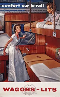 Drucke von Plakat, das die Komforte des Reisens mit dem Zug hervorhebt, wenn man luxuriöse Schlafkabinen zu entspannen hat Schlafzimmer Drucke: Plakate der Wagons-Lit-Gesellschaft