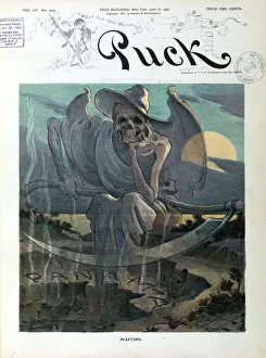Drucke von Warten. Die Illustration zeigt den Geist des Todes sitzend mit Schaufel auf seinem Schoß am Bau der Panamakanalisation. Datum: 22 Juni 1904 Verwandte Bilder Drucke: Waiting