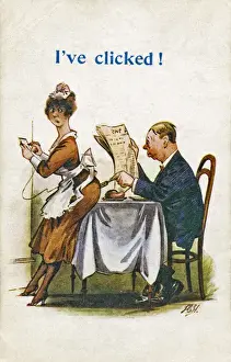 Kellnerin und Kunde auf Comic-Postkarte