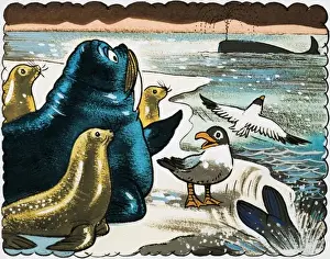 Sea Creatures Artwork Drucke: Walrus and gulls looking at whale