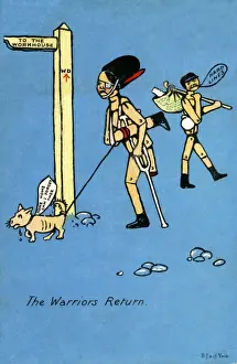 Edwardian Era Poverty Drucke: The Warriors Return, satirical postcard