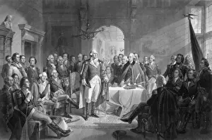 Drucke von Washington und seine Generäle Druck zeigt den General George Washington zusammen mit anderen Revolutionskriegsgenerälen im großen Raum George Washington Drucke: Washington und seine Generäle