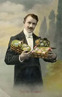 Easter Egg Collection Drucke: Well-dressed man with armful of Easter eggs