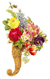 Victorian Scrap Art Drucke: Wickerwork cornucopia with flowers on a Victorian scrap