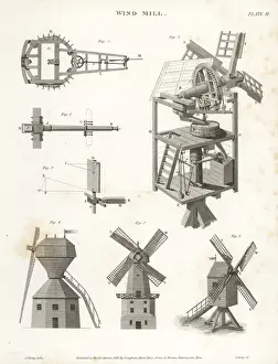 Abraham Rees Cyclopedia Prints Drucke: Windmill elevation, plan, side, showing power